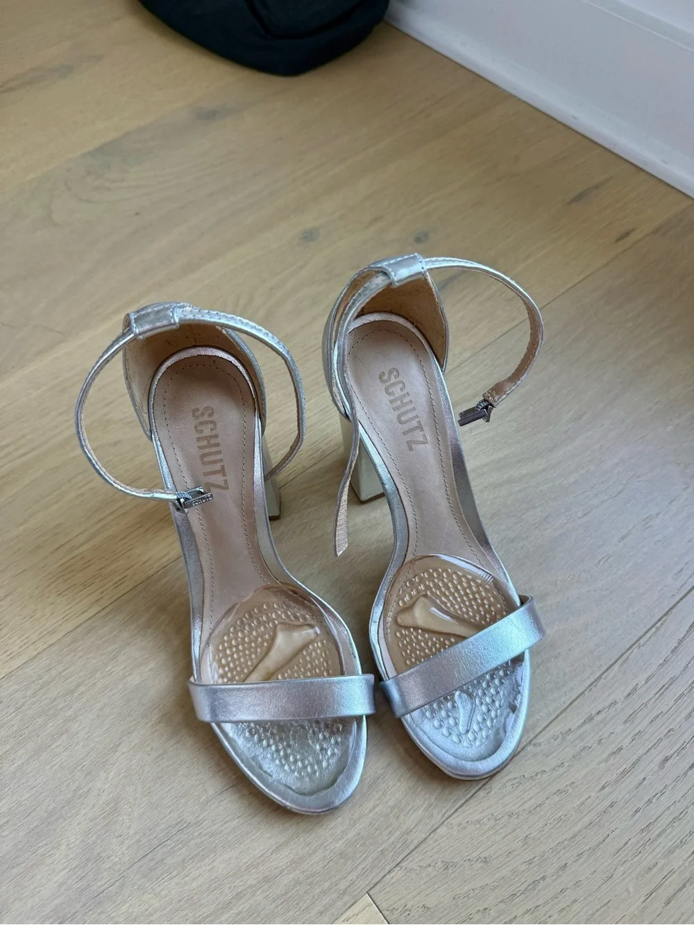 SCHUTZ Silver Metallic Ankle-Strap Block Heels